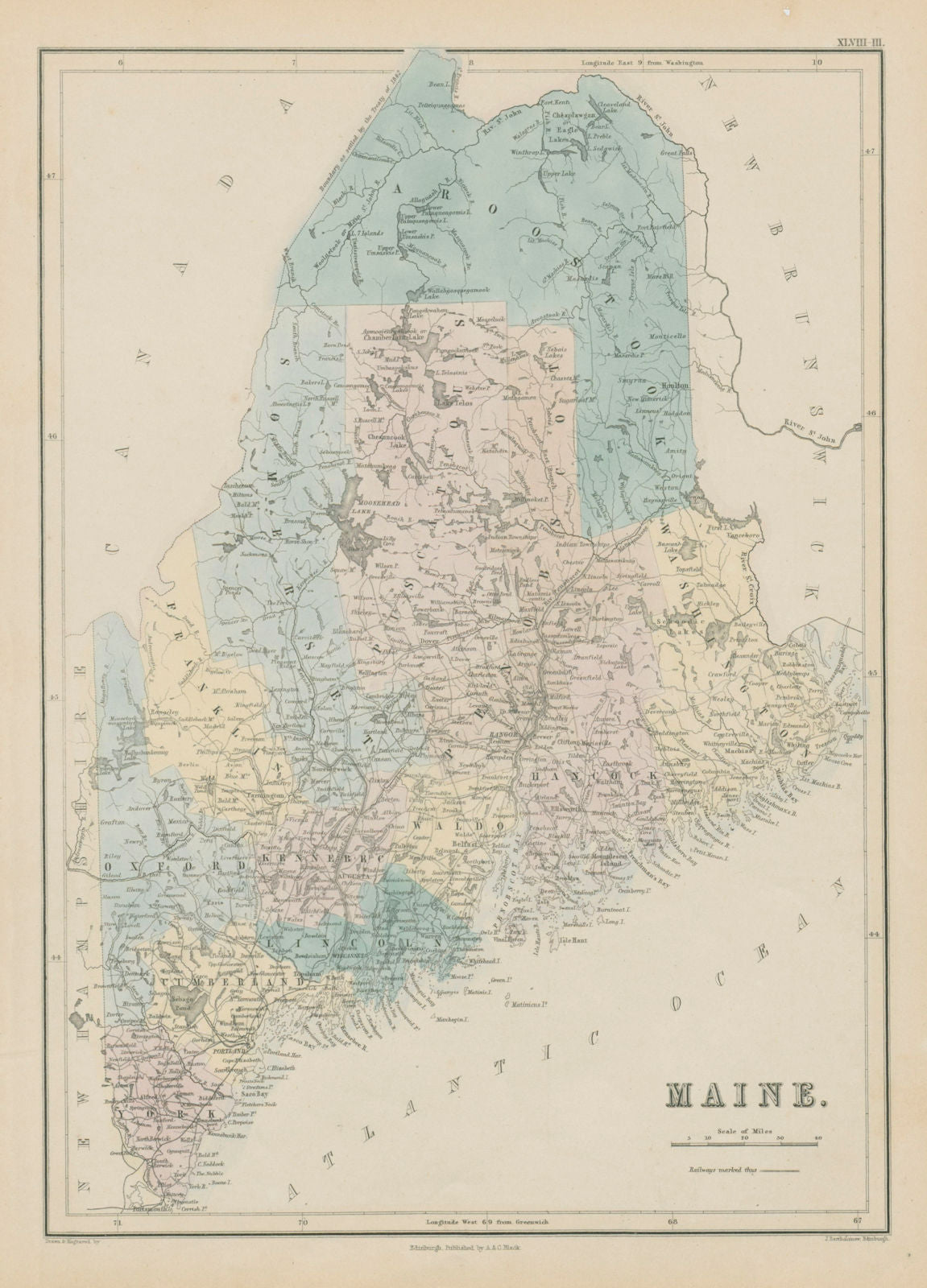 Maine state map showing counties. JOHN BARTHOLOMEW 1856 old antique chart